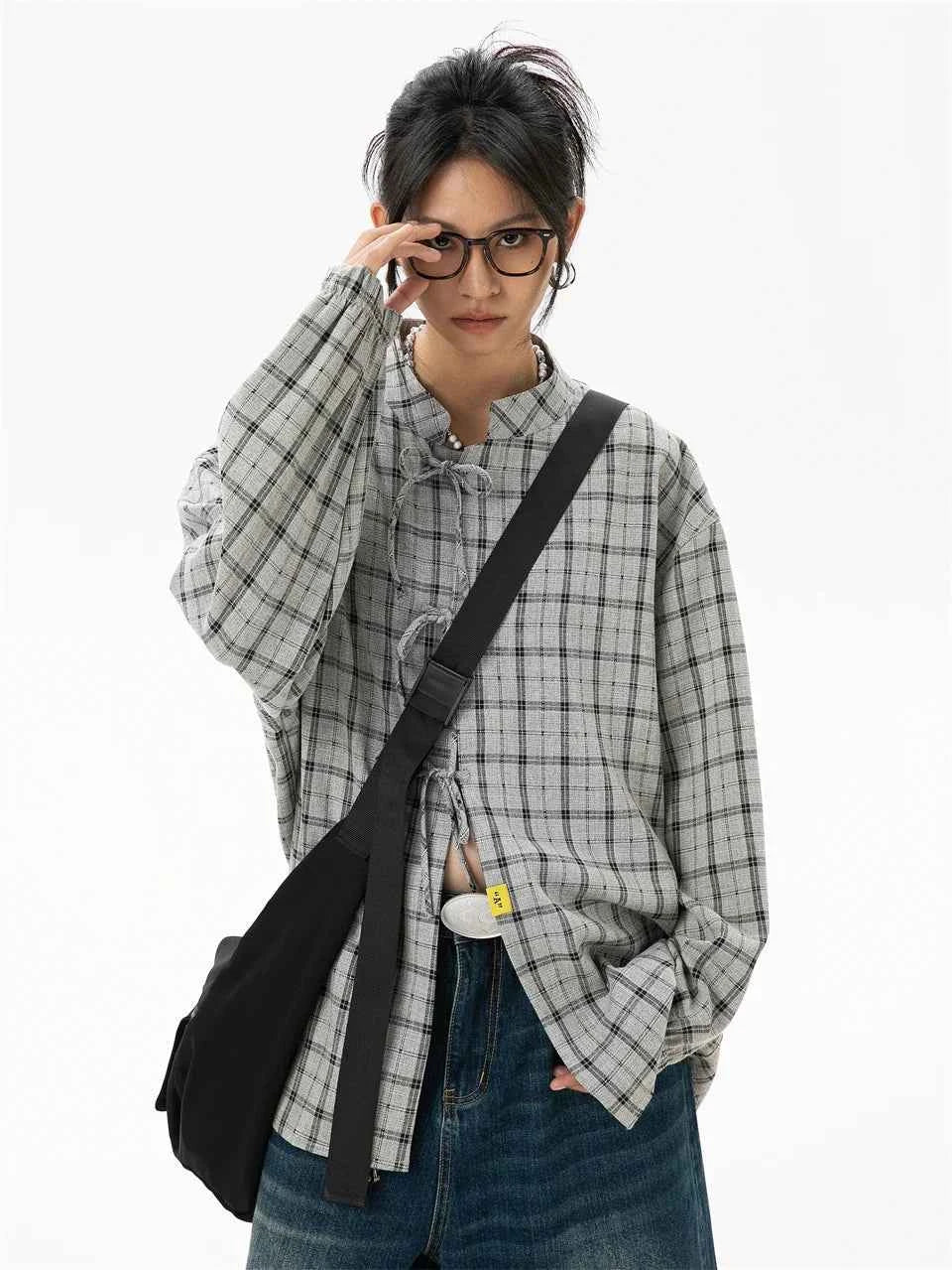 Elegant Gray Cool Plaid Blouse Long Shirt