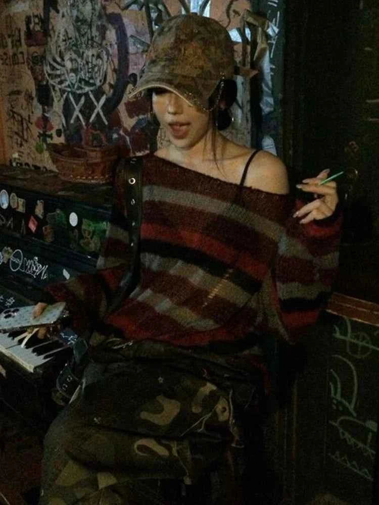 Vintage Hollow Out Stripe Sweater