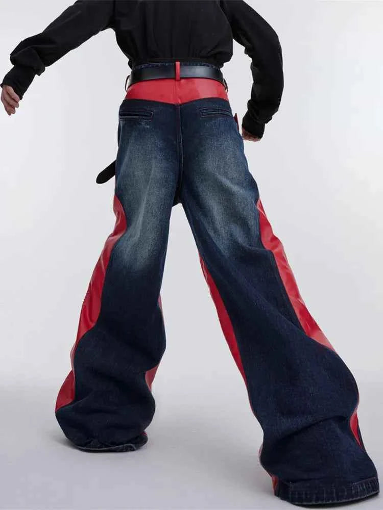 Streetwear Red Patchwork Baggy Wide Leg Jeans
