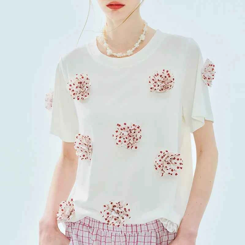 Soft White Floral Applique Short Sleeve T-Shirt