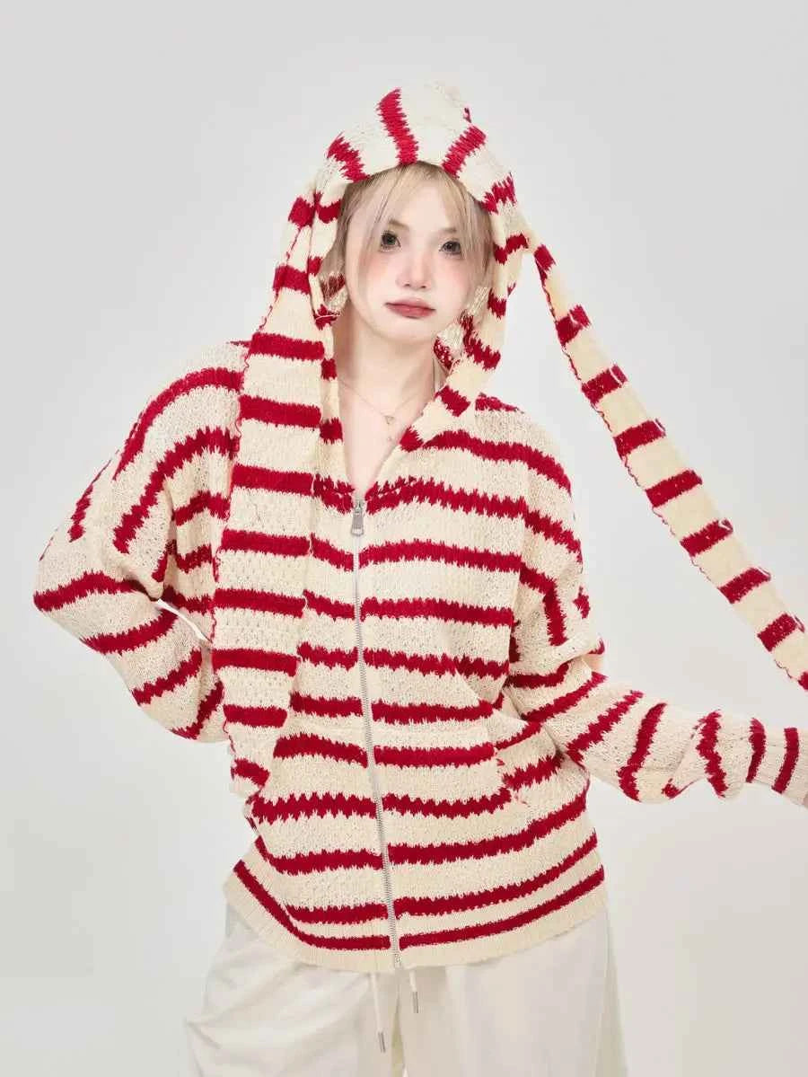 Striped Print Long Sleeve Hooded T-Shirt
