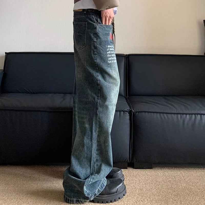 Retro Korean Letter Printed Wide Leg Jeans