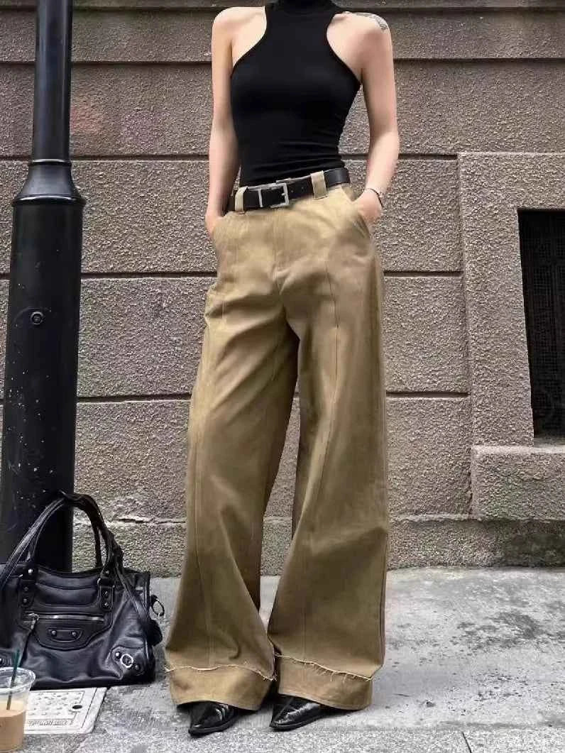 Effortless Cool Retro Khaki Wide Leg Jeans