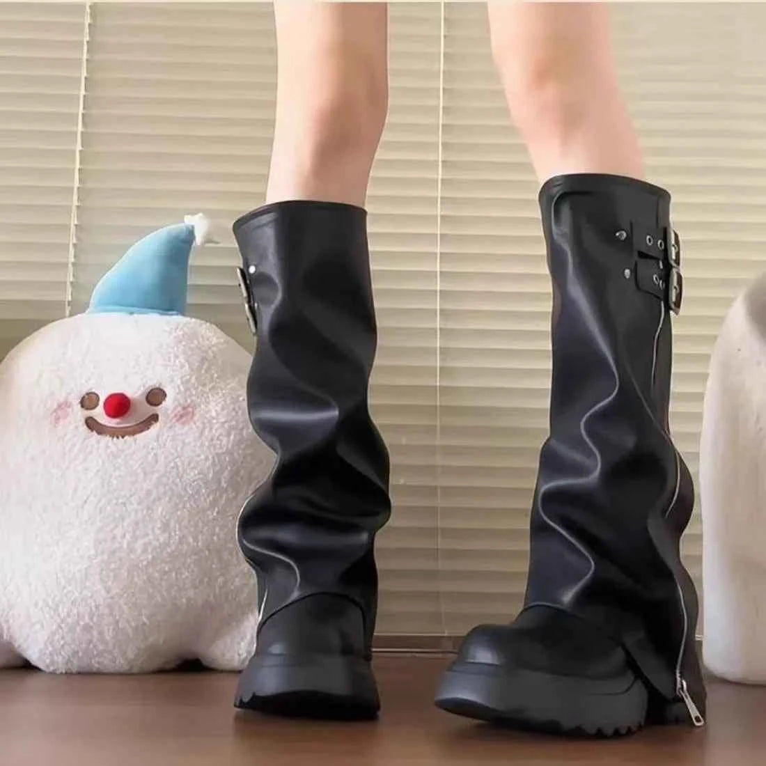 Edgy Spliced Thick Sole Knee-High Zipper Boot
