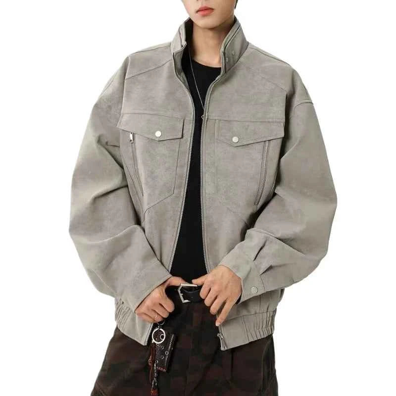 Solid Color Stand Collar Zipper Jacket