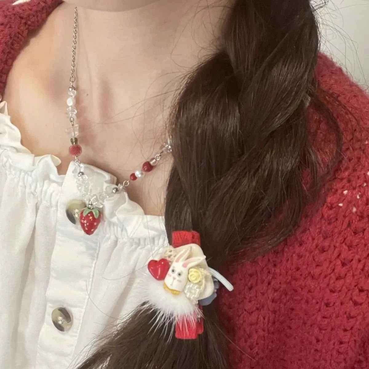 Aesthetic Handmade Beaded Strawberry Pendant Necklace