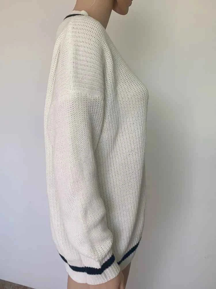 Women Casual Contrasting V Neck Patchwork Sweater