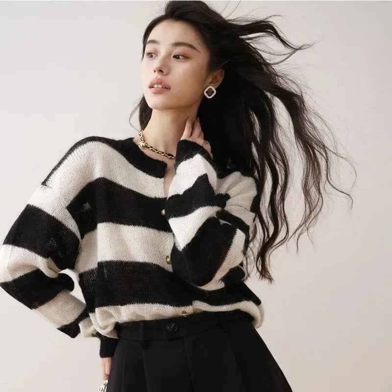 Handesome French Style Striped Spliced Cardigan