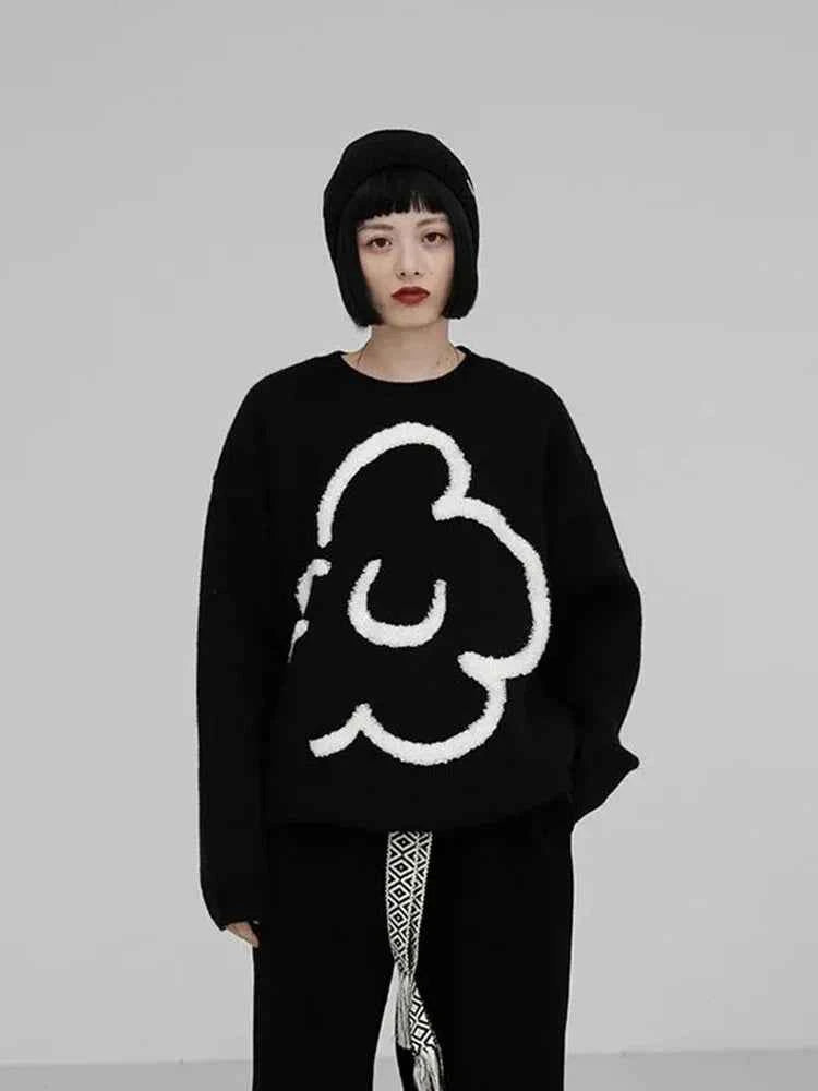 Women Vintage Black Floral Knitted Pullover Sweater