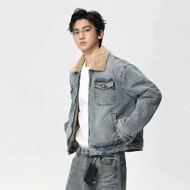 Streetwear Turn Down Fur Collar Washed Denim Jacket