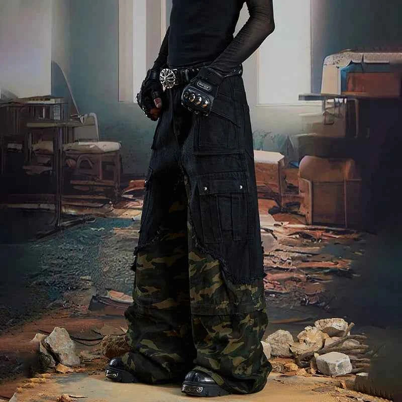 Streetwear Camouflage Splicing Wide Leg Cargo Jeans