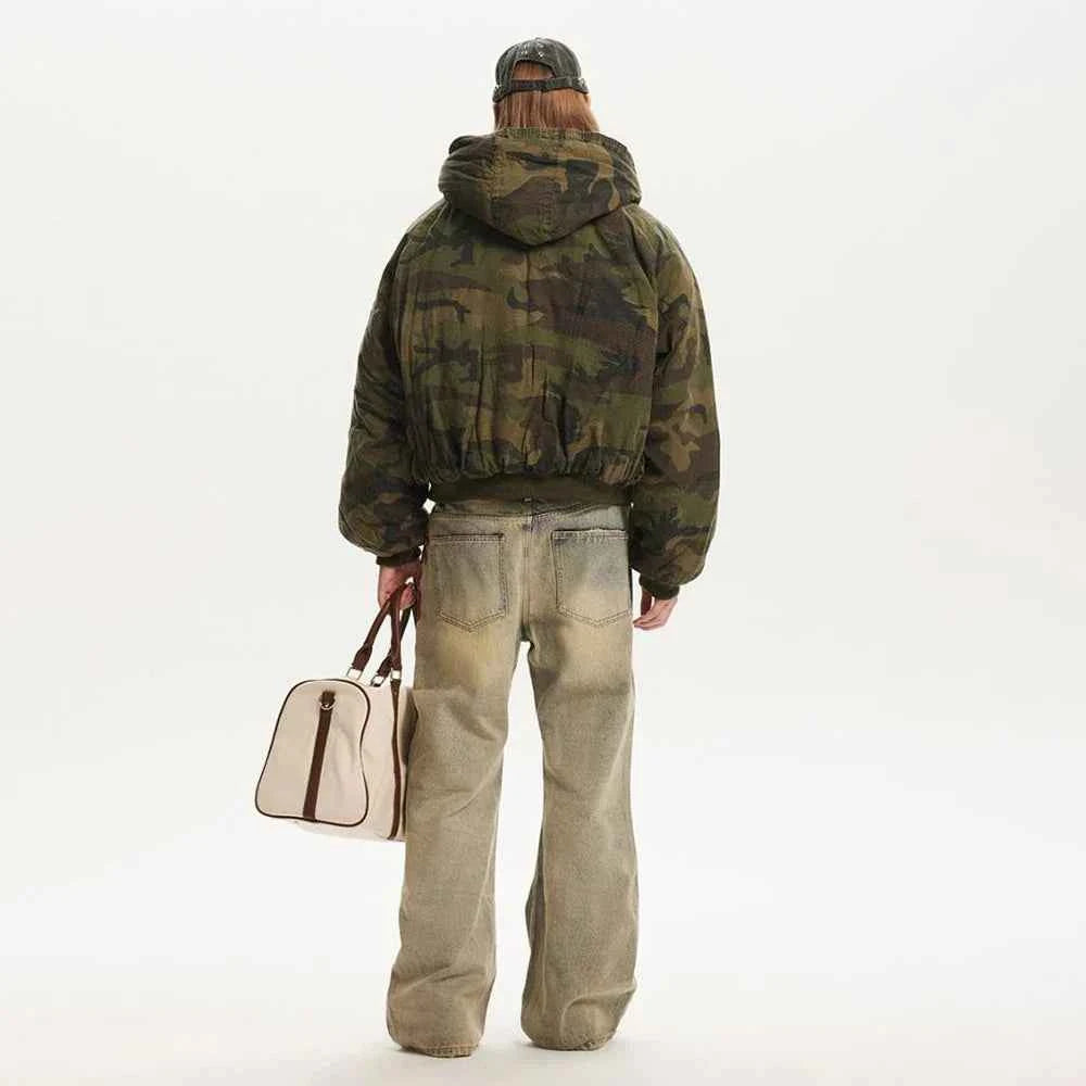 Men Camouflage Thickened Retro Hooded Winter Jacket