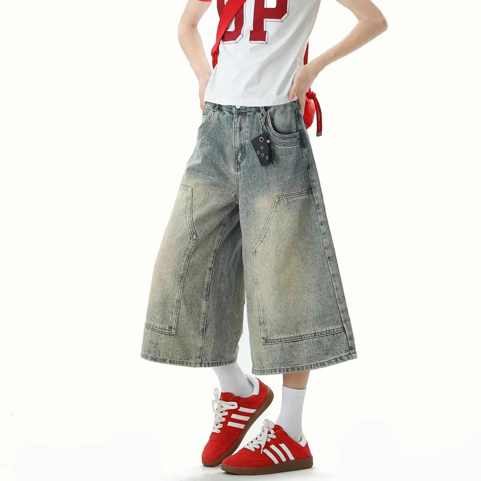 Streetwear Cool Patchwork Wide Leg Denim Jorts
