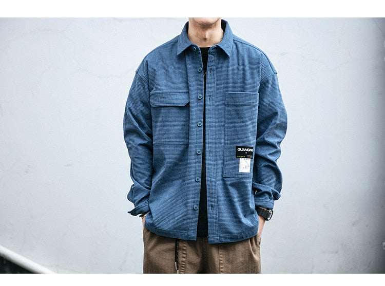 Corduroy Waffle Plaid Semi Collar Overshirt