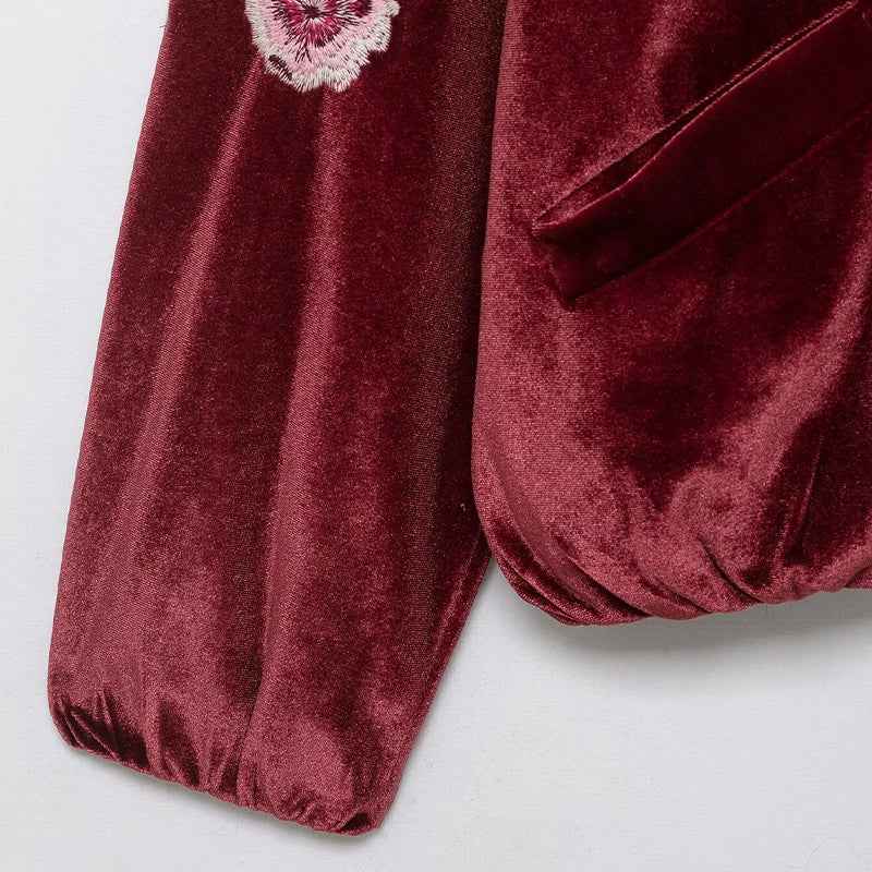 Vintage Red Embroidery Zipper Faux Fur Jacket