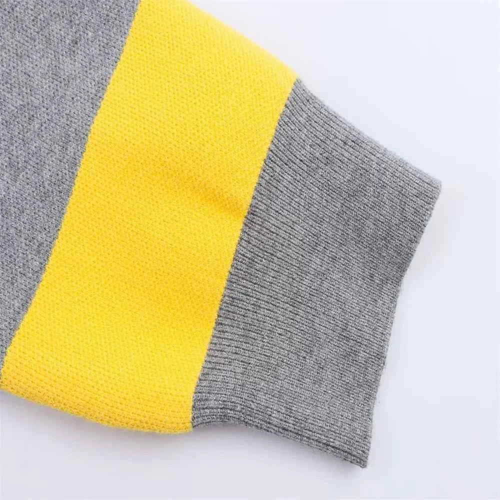 Insulated V-Neck Collar Striped Knit Polo Sweater