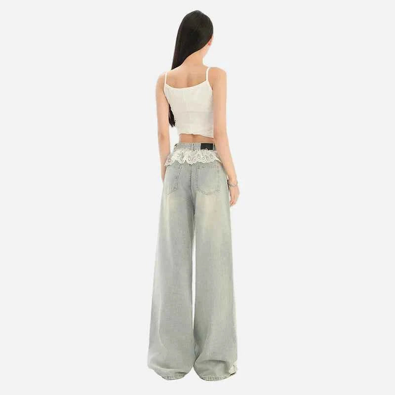 Retro Comfortable Lace-Edged High Waisted Jeans