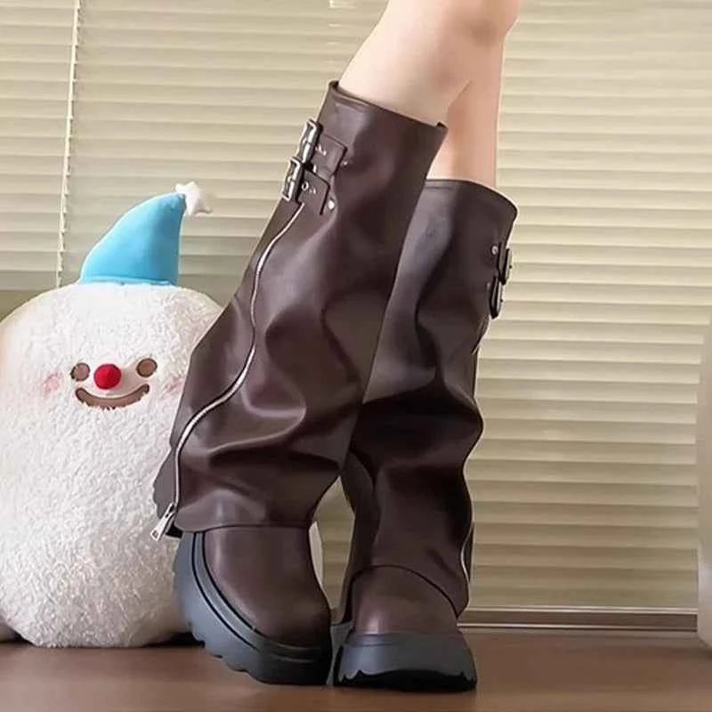Edgy Spliced Thick Sole Knee-High Zipper Boot