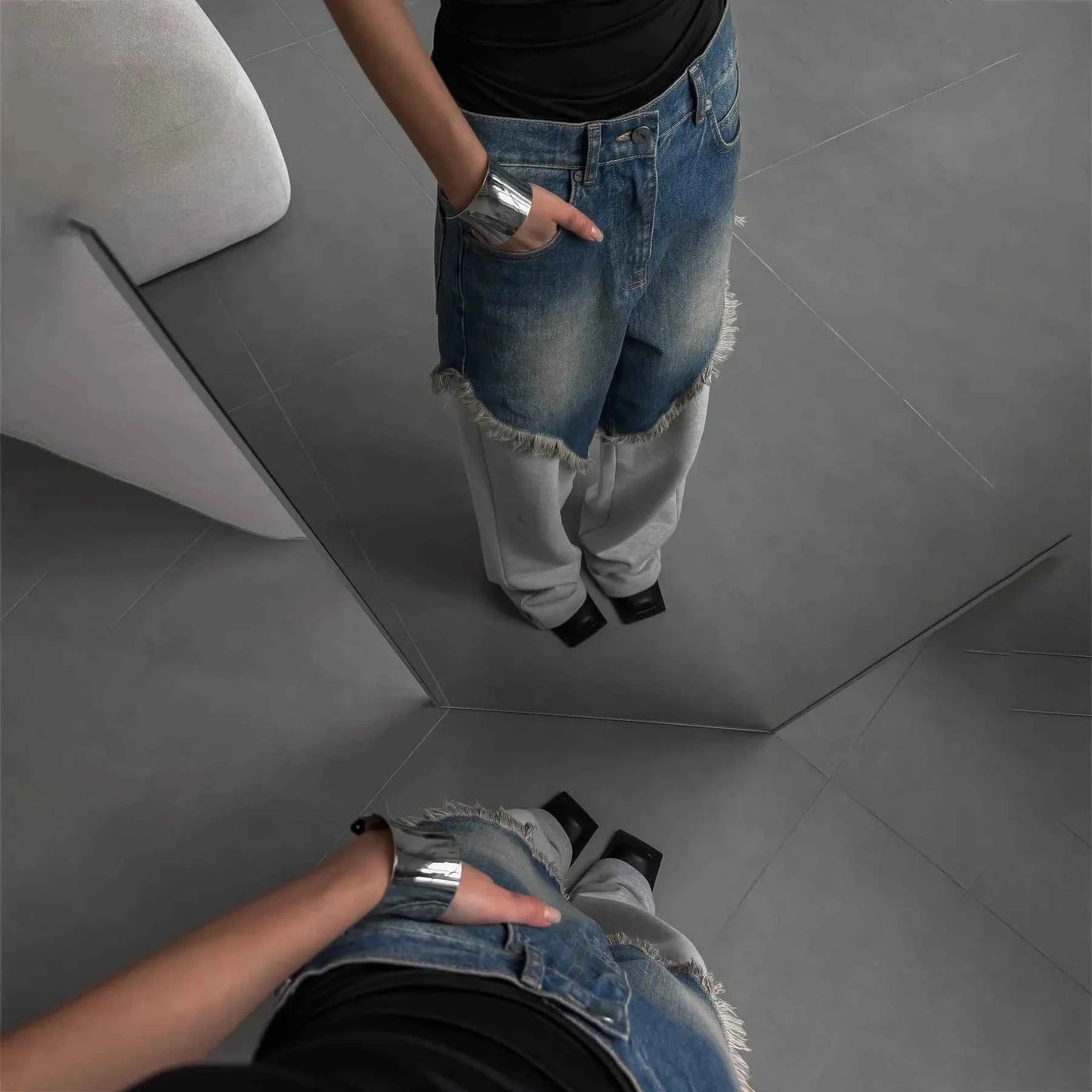 Distressed Patchwork Wide Leg Denim Pants