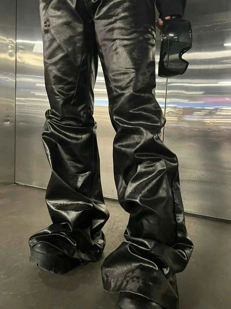 Streetwear Luxury Black Loose Flared Leather Pants