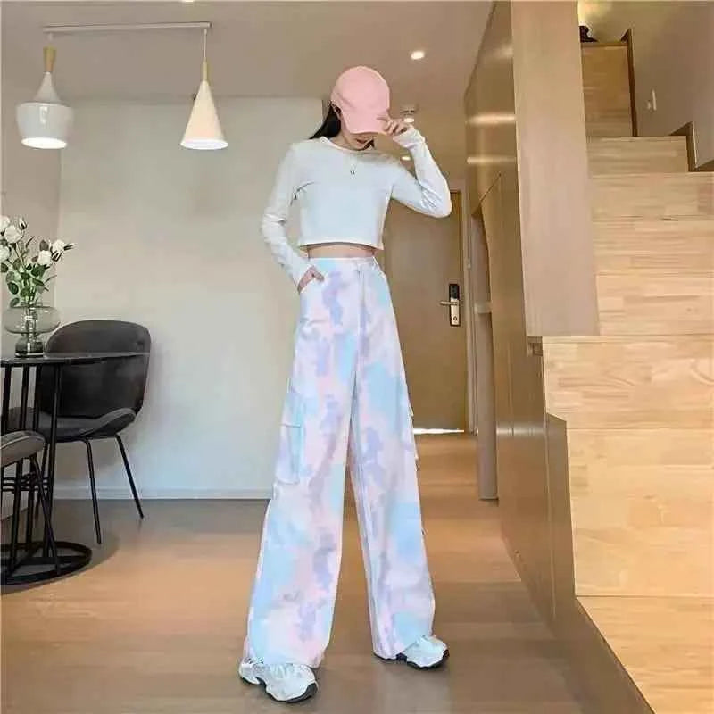 Streetwear Retro High Waist Tie Dye Cargo Pants