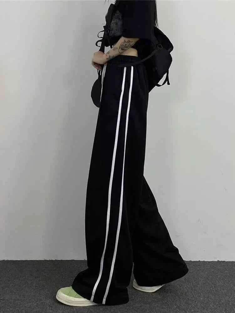Women Vintage Striped High Waist Black Casual Pants
