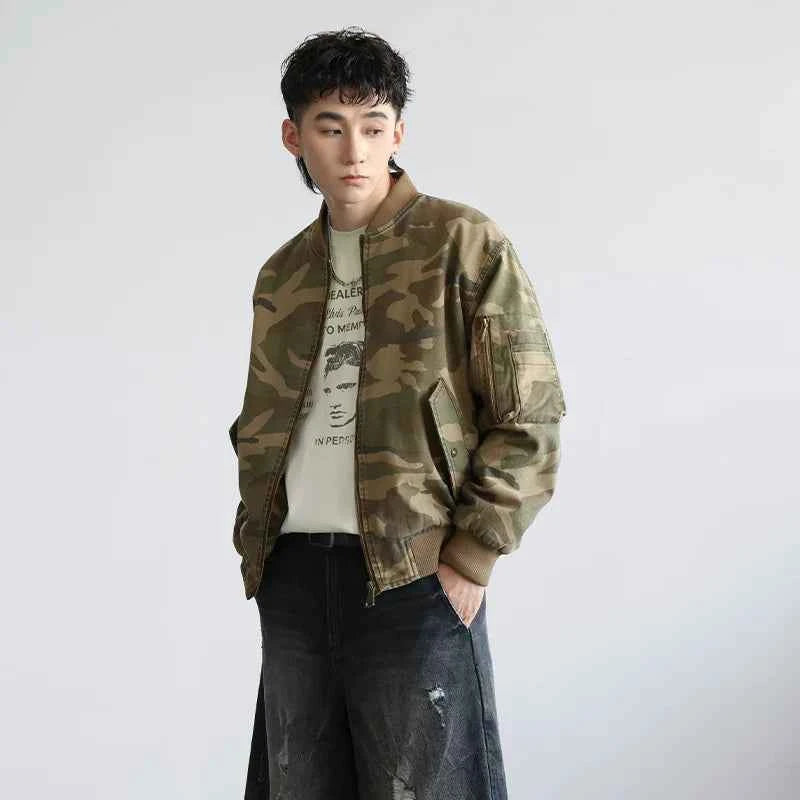 Vintage American Style Camo Baseball Bomber Jacket