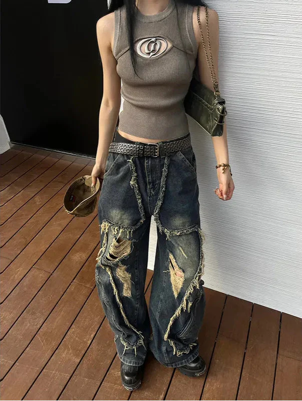 Y2K Women Vintage Blue Gothic Cargo Denim Jeans - Luxuryurbanwear