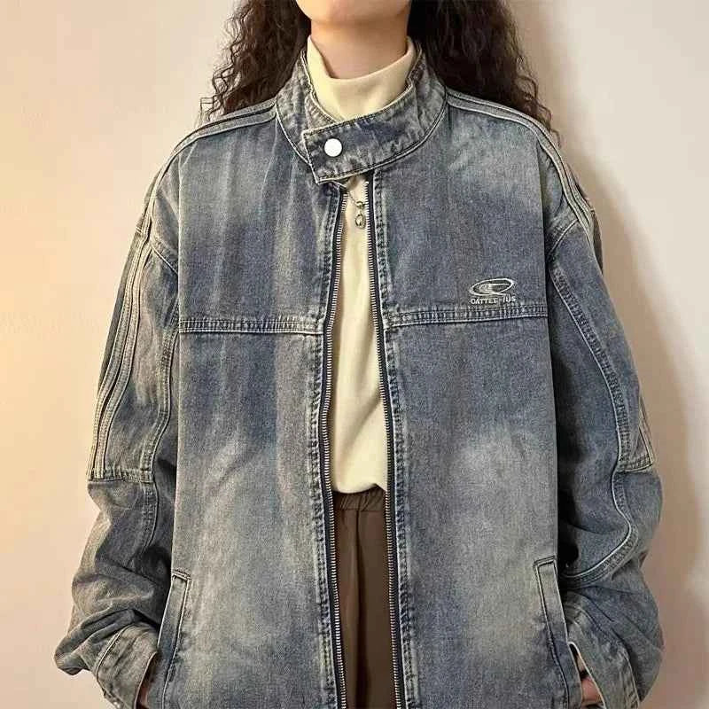 Blue Denim Zipper Casual Denim Jacket