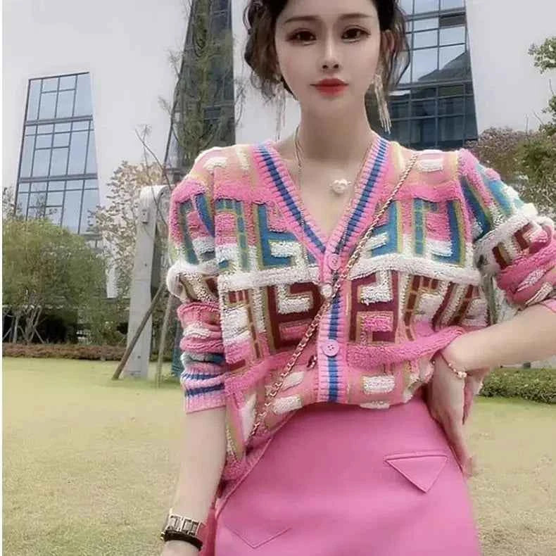 Pink French Retro Plaid V-Neck Cardigan
