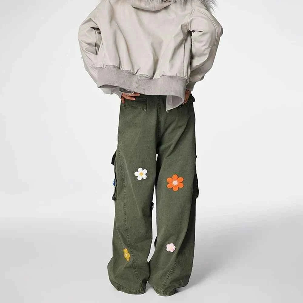 Floral Embroidered Loose Straight Cargo Pants