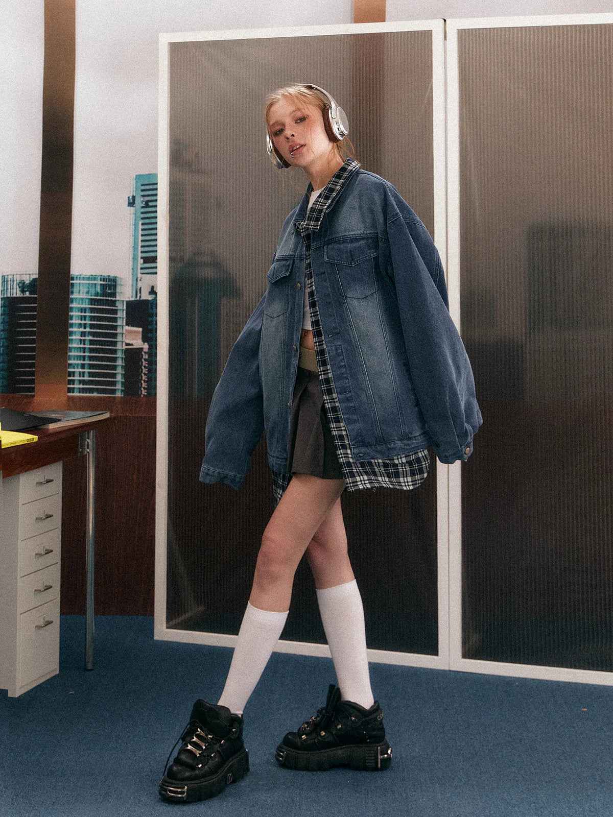 Women Cool Plaid Retro Denim Jacket