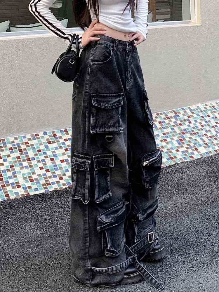 Black Washed Streetware Baggy Cargo Jeans