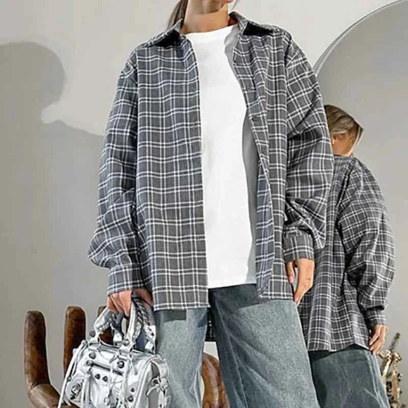 Vintage Elegant Gray Plaid Long Sleeve Shirt