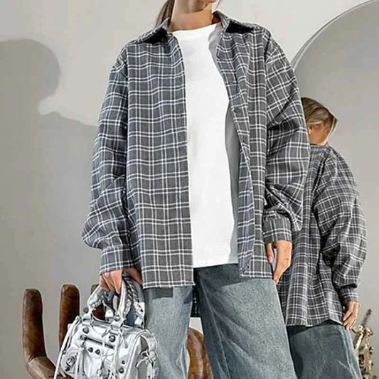Vintage Elegant Gray Plaid Long Sleeve Shirt