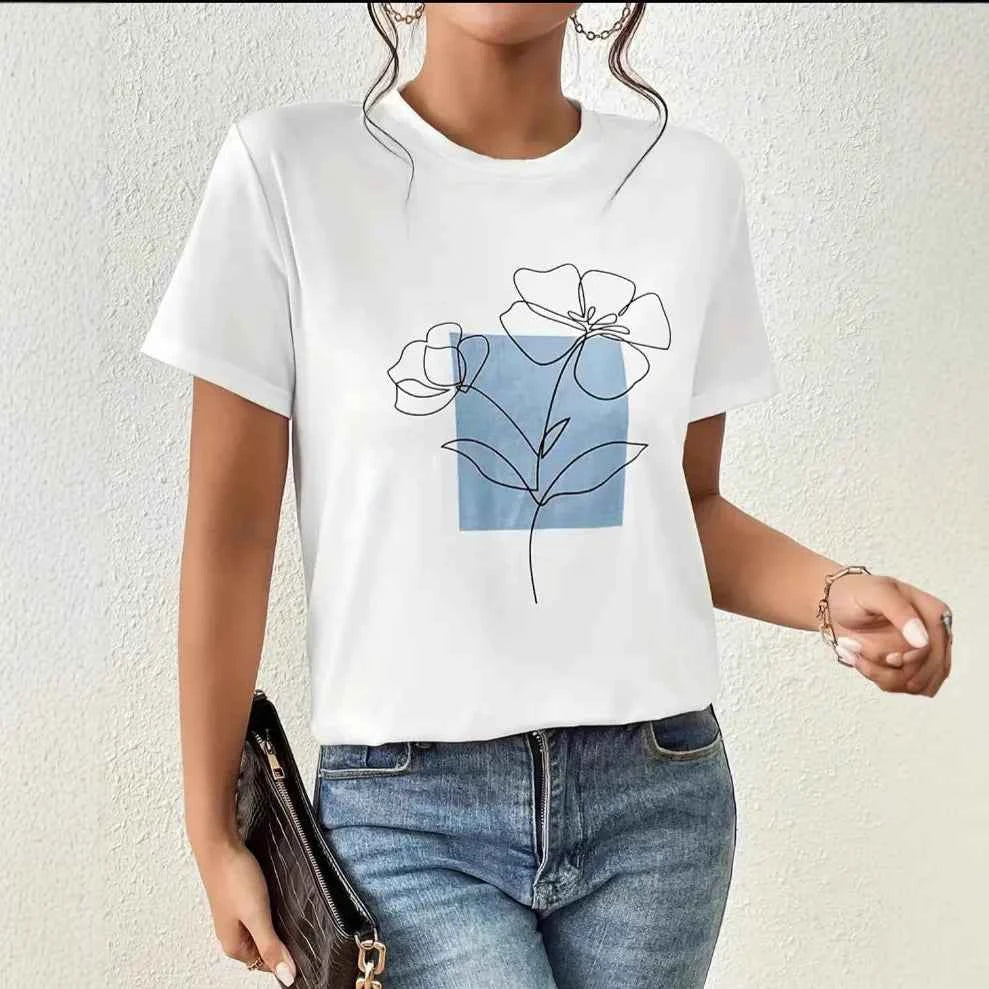 Women Floral Retro Printed Casual White T-Shirt