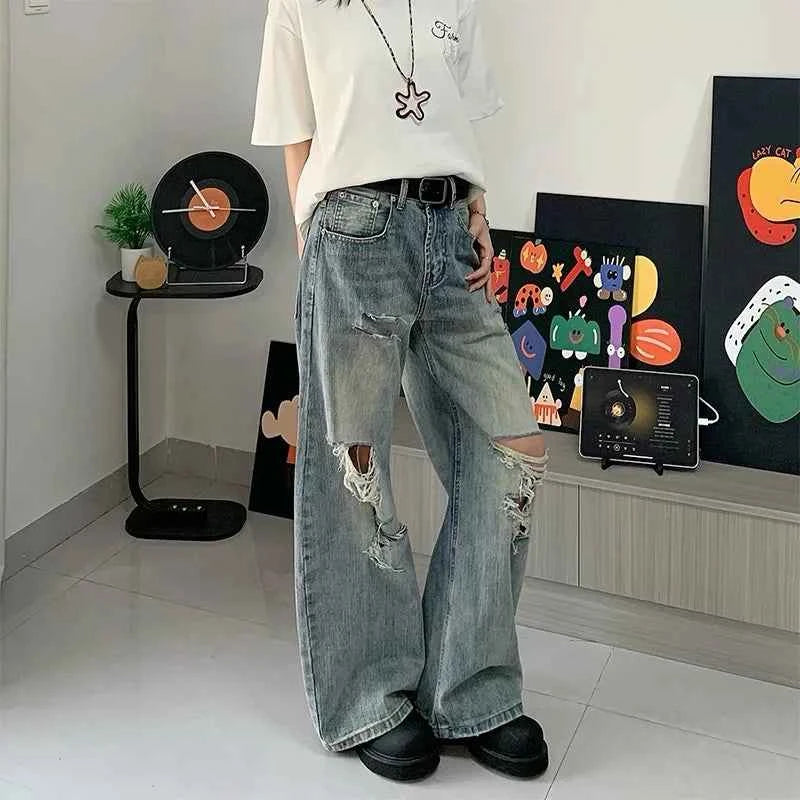 Streetwear Bamboo Joint Ripped Loose Jeans