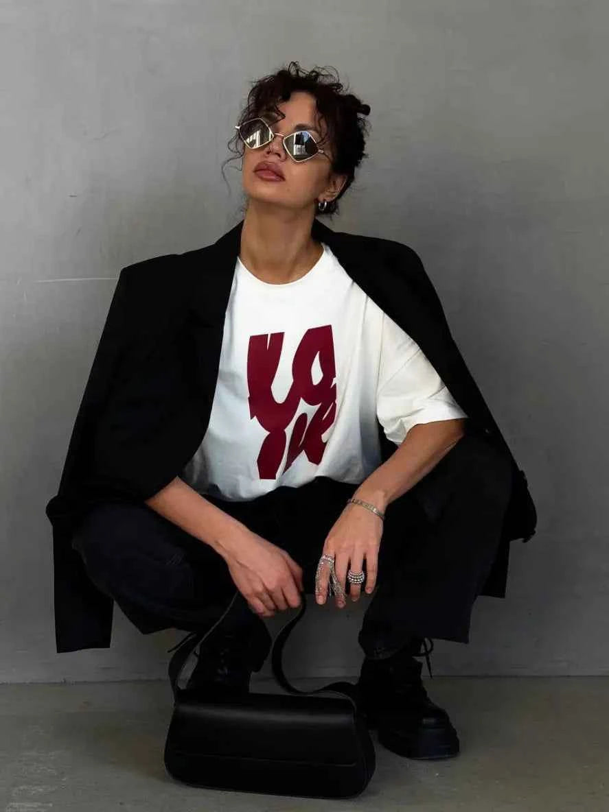 Y2K Russian Style Letter Printed Loose Cotton T-Shirt
