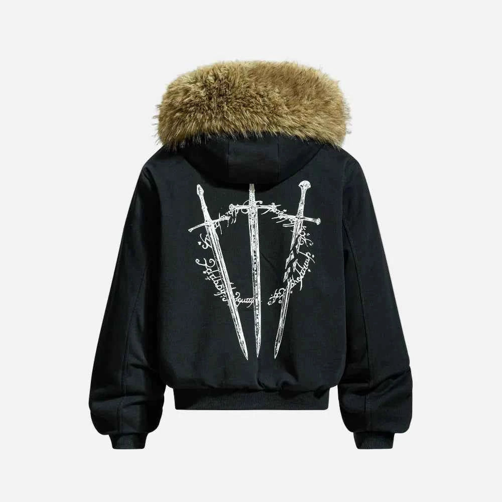 Streetwear Grim Reaper Print Fur Hooded Jacket