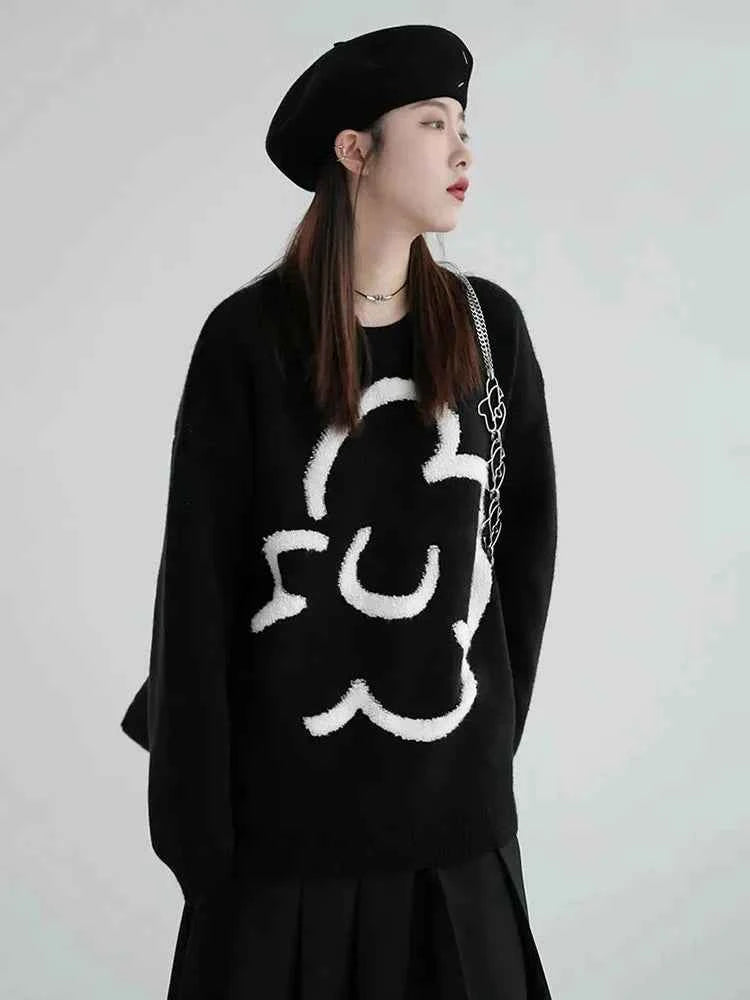 Women Vintage Black Floral Knitted Pullover Sweater