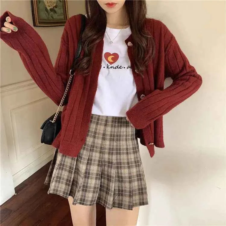 Women Classic Burgundy Knit with Heart Button Cardigan