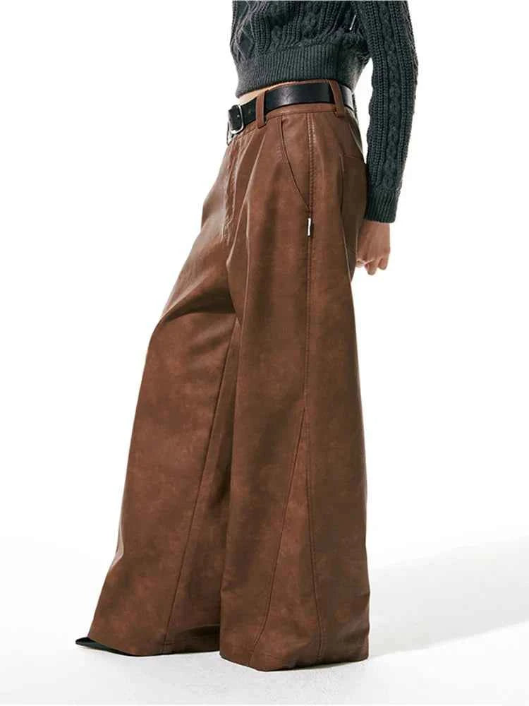 Women Luxury Brown Wide Leg Leather Pants
