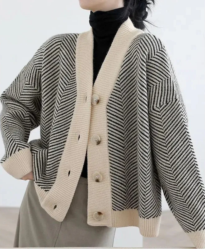 Striped V-Neck Long-Sleeve Thick Cardigan - Luxuryurbanwear
