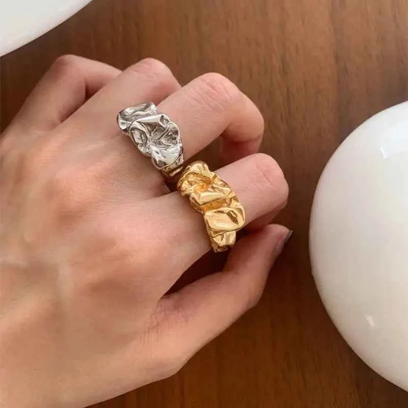 Irregular Wide Facet Silver Metal Ring