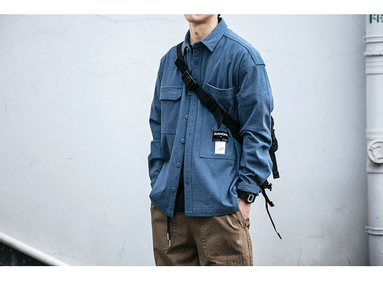 Corduroy Waffle Plaid Semi Collar Overshirt