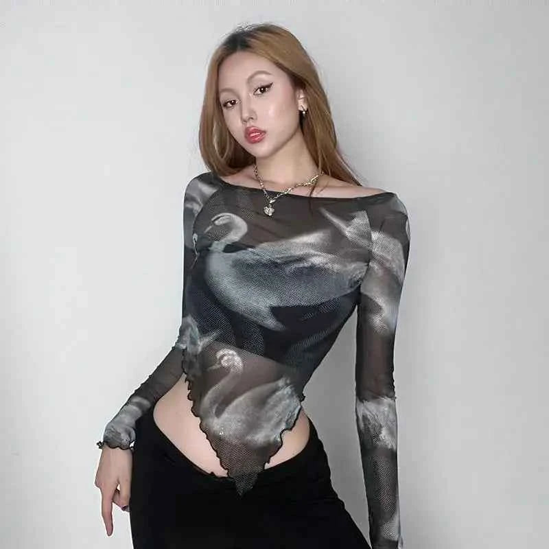 Irrabeezt Irregular Lace Mesh Long T-Shirt