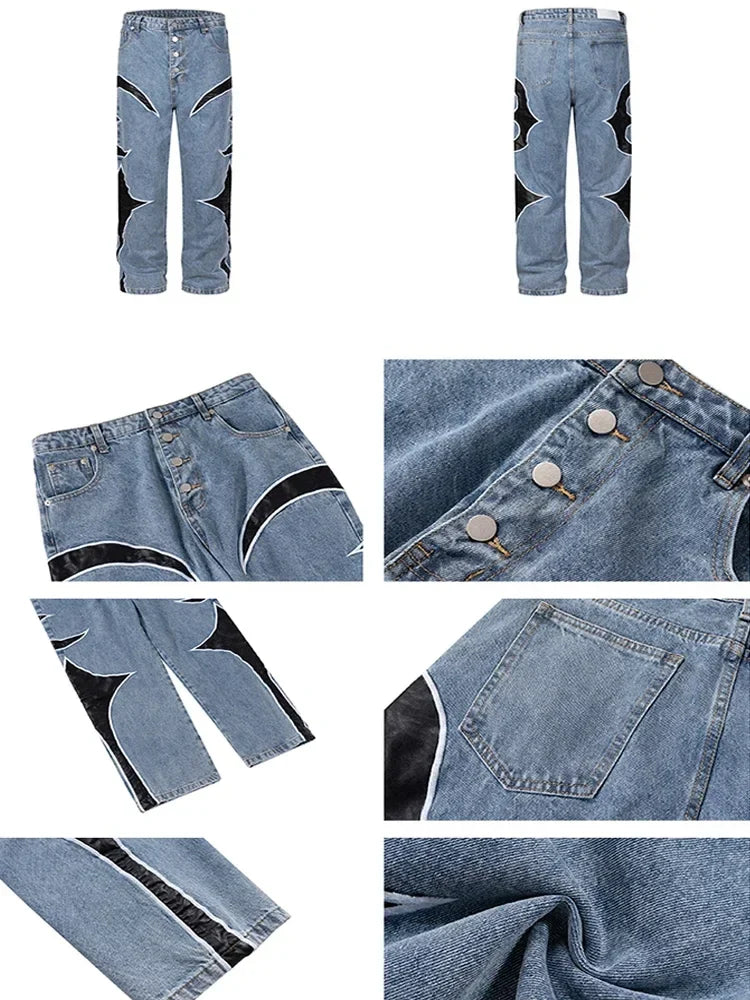 Crescent Embroidery Patchwork Baggy Pants