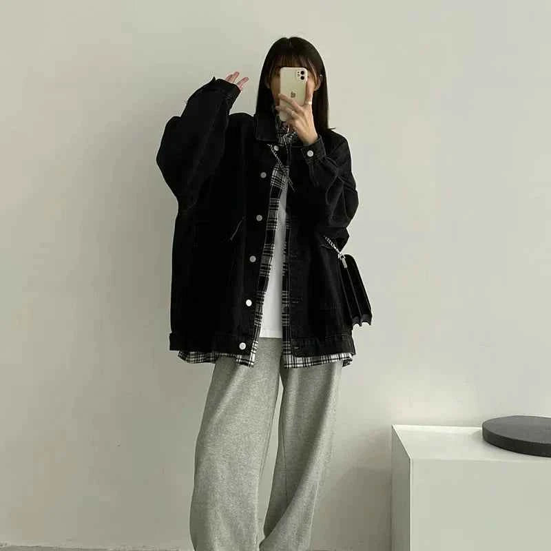 Black Loose Single Breasted Denim Jacket