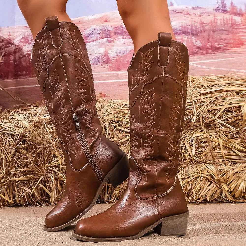 Vintage Brown Embroidered Western Knee-High Boot