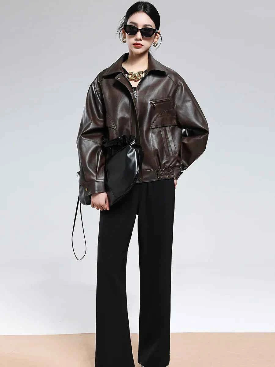 Casual Luxury Distressed Brown PU Leather Jacket